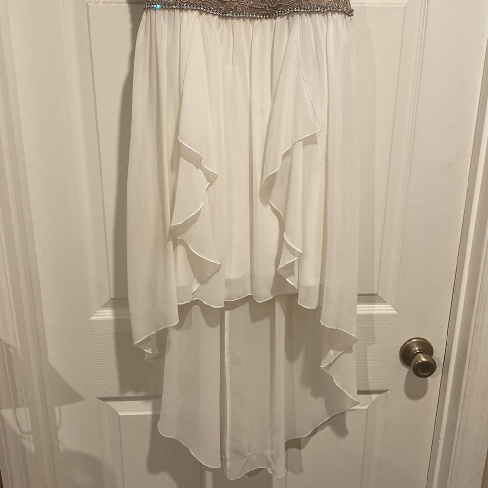 Tan and white halter top dress, worn once, high low, Super sparkly - Picture 2 of 3